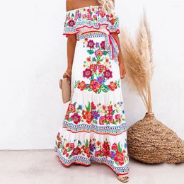 Casual Dresses Summer Print Vintage Long For Women Sexy Off-Shoulder Ruffle Fashion Boho Party Maxi Dress 2024 Ladies Beach Sundress