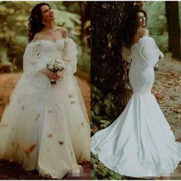 Sjöjungfrun av spets 2020 klänningar elegant axel applikation svep tåg långa poet ärmar bröllop brudklänning vestido de novia
