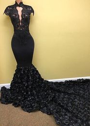 High Neck Black 2K17 Prom Dresses Long Cap Sleeves 3D Floral Flowers Lace Long Mermaid Evening Gowns Sexy Open Front Formal Party 1052038
