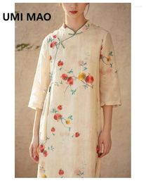 Casual Dresses UMI MAO Ramie Plate Buckle Improved Cheongsam For Young Women's 2024 Spring Autumn Art Retro Cotton Dress Femme