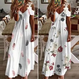 Maxi Dress For Women Feather Printed Lace Sling Ladies Loose-fitting Hollow Out A-Line Long Streetwear for Party 240425