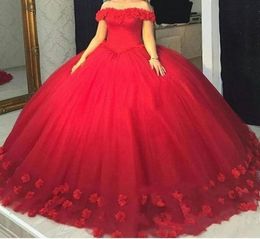 Red 3DFloral Appliques Puffy Ball Gown Quinceanera Dresses Sweet 16 Off Shoulder Red Tulle Lace Up Back Party Pageant For Girls4084697