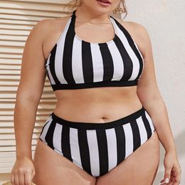 Women's Swimwear Plus Size Bathing Suit Hanging Neck Striped Printed High Waist Beachwear Female Elastic Swimsuit