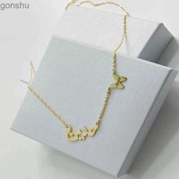 Pendant Necklaces Personalized Arabic laser cut custom name necklace with small butterfly chain gold 18K gold-plated friendship giftWX