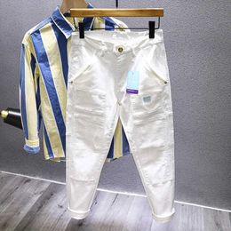 Men's Jeans Mens white stitched jeans fashionable ultra-thin elastic multi pocket Personalised bicycle denim Trousers mens street clothing Q240427