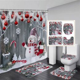 Set Cute Snowman Christmas Shower Curtain Set Silver Pine Branches Snowflake Xmas Balls Bathroom Decor Rug Bath Mat Toilet Lid Cover