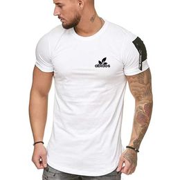 Foreign trade new arm zipper pocket splicing large size men's casual sports T-shirt round neck short sleeve fashion T-shirt men