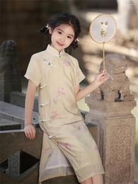 Ethnic Clothing Girls' 2024 Summer Sweet Chinese Traditional Improved Princess Dress Children's National Style Cheongsam Qipao Birthday Gift