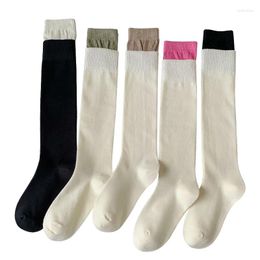 Women Socks Winter INS Fashion Ribbed Splicing Pure White Colour For Girl Lady Knee Length High JK Cotton Pile Up