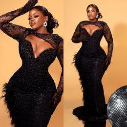 2024 Plus Size Prom Dresses for Black Women Promdress Evening Dresses Elegant Formal Gowns Feathered Beaded Lace Birthday Party Dress Second Reception Gowns AM815