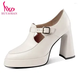 Dress Shoes HUYAODAN Women's 2024 Brand T-strap Mary Janes Black Beige Party Office Lady Pumps Genuine Leather Spring Summer