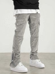 Men's Pants Fashionable solid Corduroy pants mens multi flap pocket pull rod pants loose casual pants outdoor street clothing hip-hop J240429