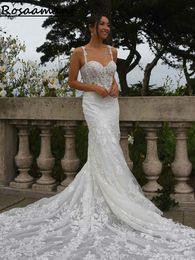 Newest Illusion Beading Sleeveless Mermaid Wedding Dresses Spaghetti Straps Appliques Lace Boho Bridal Gowns