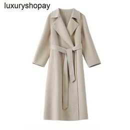 Maxmaras Cashmere Coat Womens Wool Coats 100% Pure Doublesided Woollen Suit Collar Ripple Medium Length Lace Up Slim Fit Commuting