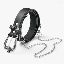 Belts Women's Vintage PU Leather Belt With Chain Cool Carved Pin Buckle Casual Fashion Wild Jeans Dress Waistband