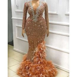 Arabic 2021 Aso Size Plus Ebi Luxurious Mermaid Lace Prom Dresses Beaded Crystals Feather Evening Formal Party Second Reception Gowns Dress Zj684