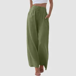 Women's Pants 2024 Vintage Linen Elastic Waist Wide Leg Women Long Trousers Summer Solid Color Casual Loose Female Boho Clothes