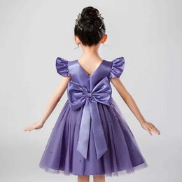 Girl's Dresses Girls Summer New Little Flying Sleeves Bow Mesh Princess Dress Childrens Day Piano Competition Fashion Cute Performance Dress