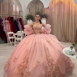 Pink 2024 Sweetheart Quinceanera Dress Shiny 3D Bow Tull Off The Shoulder Ball Gown Bride Robe Bridal Dresses Vestidos 15 De Novia