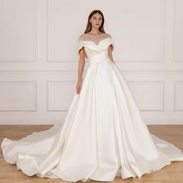 Classic Long Sheer Neck Satin Wedding Dresses with Pockets A-Line Ivory Pleats Sweep Train Bridal Gown Covered Buttons Back Vestido de novia Women Dresses