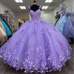 Corset Back Handmade Lavender Quinceanera Dresses Straps Flowers Lace Applique Sweet 16 Prom Ball Gown Custom Made Plus Size