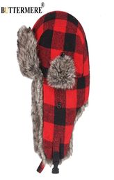 BUTTERMERE Winter Hats For Mens Bomber Hat Fur Red Warm Earflap Cap Windproof Women Thicker Plaid Russian Ushanka Hat Black Blue T2813705