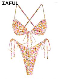 Women's Swimwear ZAFUL Ditsy Floral Swimsuit Bikini Set Printed Frilled Tie Side Criss Cross High Leg Bohemian Padded Top Beach