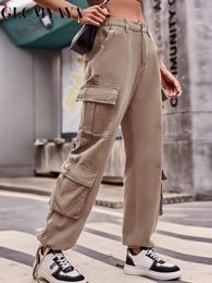 Women's Pants GLCMYAYA Elegant Women High Waist Wide Leg Cargo Jeans Side Pocket Vintage Baggy Loose Trousers Streetwear Fashiom