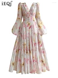 Casual Dresses Printing Design For Women V Neck High Waist Lantern Sleeve Loose Elegant Dress Female Spring 2024 3WM589
