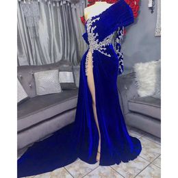 Aso Blue Royal Arabic Ebi Prom Dress Beaded Crystals Sheath Evening Formal Party Second Reception Birthday Engagement Gowns Dresses Robe De Soiree Zj Es
