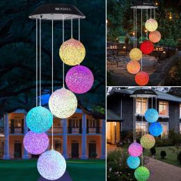 Decorations Fashion Colour Changing Hanging Wind Chimes Solar Powered Led Ball Lights Garden Outdoor Rice Ball Shape Lamp White