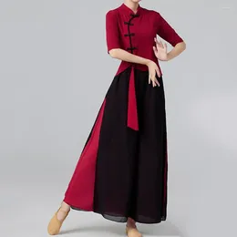 Women's Two Piece Pants 2Pcs/Set Women Dance Practice Outfit Qipao Collar Half Sleeve Tops High Waist Wide Leg Long Splicing Color