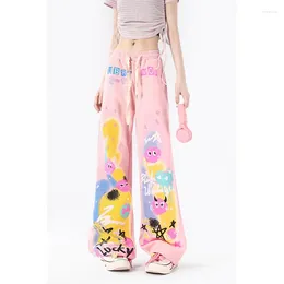 Women's Pants Pink Graffiti Casual For Women In Summer Thin High Waist Wide Legs Straight Tube Dopamine Dressing Small
