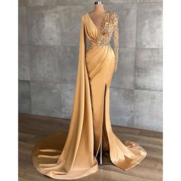 Mermaid Aso Gold Ebi Arabic Sexy Evening Beaded Crystals Prom Dresses High Split Formal Party Second Reception Gowns Zj295