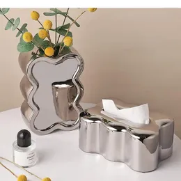 Vases Light Luxury Silver Flower Shape Ceramic Vase Tissue Box TV Cabinet Decoration Living Room Arrangement Home Decorations