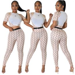 Women's Two Piece Pants 2024 Fashion O Neck Women Set Casual Print Summer Crop Top And Long Pant Suit Female Outfits