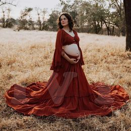 Maternity Dresses Bohemian photo shoot 2 pieces of V-neck linen cotton large hem maternity dress Q240427