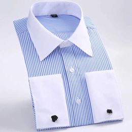 Men's Casual Shirts Mens Classic French Cuffs Striped Dress Shirt Single Patch Pocket Standard-fit Long Slve Wedding Shirts (Cufflink Included) T240428