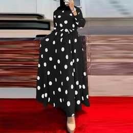 Casual Dresses A-line Silhouette Dress Vintage-inspired Polka Dot Maxi With Belted High Waist Ankle-length Hem For Women Retro O Fall