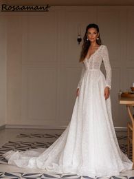 Bohemian Illusion Long Sleeve Open Back A-line Wedding Dresses V-Neck Floral Lace Bridal Gowns Robe De Mariee