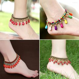 Anklets Bohomia Colourful Green Stone Tassel For Women Handmade Bracelet Foot Chain Ankle Strap Feet Summer Beach Boho Jewellery