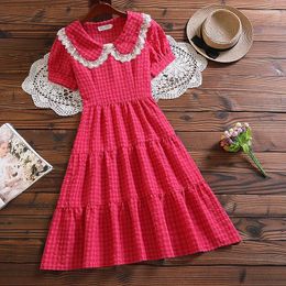 Casual Dresses Mori Girl Plaid Vestidos Summer Fashion Short Sleeve Women Red Dress