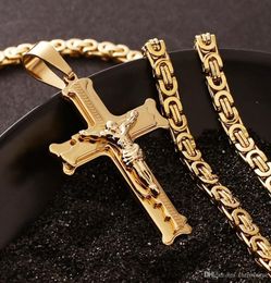 Gold Jesus Pendant Necklace men Jewellery Stainless Steel Fashion Gift Big and Heavy Crucifix chain6456980