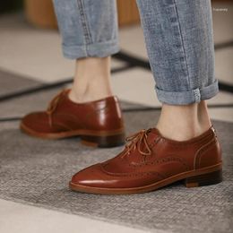 Dress Shoes Spring/Autumn Women Genuine Leather For Brogues Vintage Lace Up Casual Brown Handmade Zapatos De Mujer