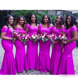 Girl Bridesmaid Black 2020 Fuchsia Dresses Mermaid Straps Cap Sleeves Floor Length Satin Maid Of Honor Gown Plus Size Custom Made