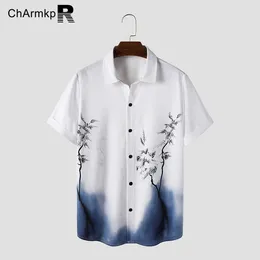 Men's Casual Shirts 2024 Men Plant Print Lapel Short Sleeve ChArmkpR Turn-down Collar Button Up Shirt Summer Tops Streetwear Tee Camisas