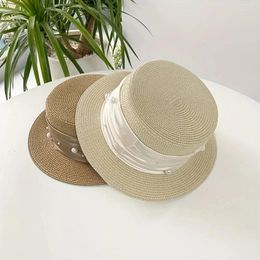 Wide Brim Hats Elegant Fashion Satin Pearl Sweet Little Fresh Flat Top Hat Children Spring Summer Sun Protection Braid Short Brimmed Visor