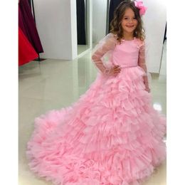 Flower Dresses Ball Pink Beaded Gown Tulle Tiers Vintage Little Girl Peageant Dress Gowns Zj406 s