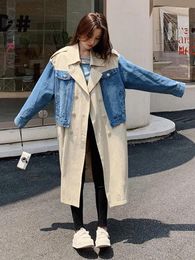 Women's Trench Coats LANMREM Denim Stitching Coat For Women 2024 Spring Lapel Double Breasted Loose Fashion Long Windbreaker 2R7806