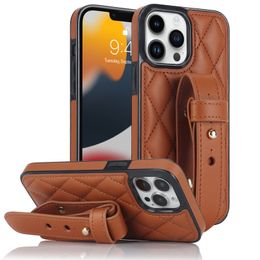 Light luxury wristband adjustable Cross line Leather cases suitable for Apple iphone14/15Promax mobile phone full protection Kick stand wrist loop PU+TPU